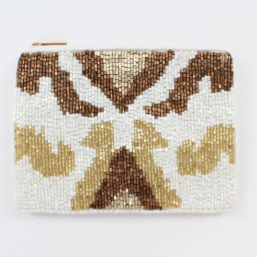 Kay Lee New York White Patterned Beaded Coin Purse/Cosmetic Bag NWT Made India